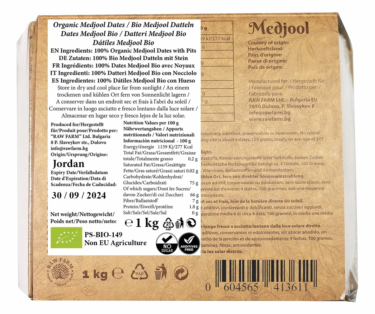 Raw Farm - Datteri Medjool freschi biologici con pietra, dimensioni medie selezionate 1 kg