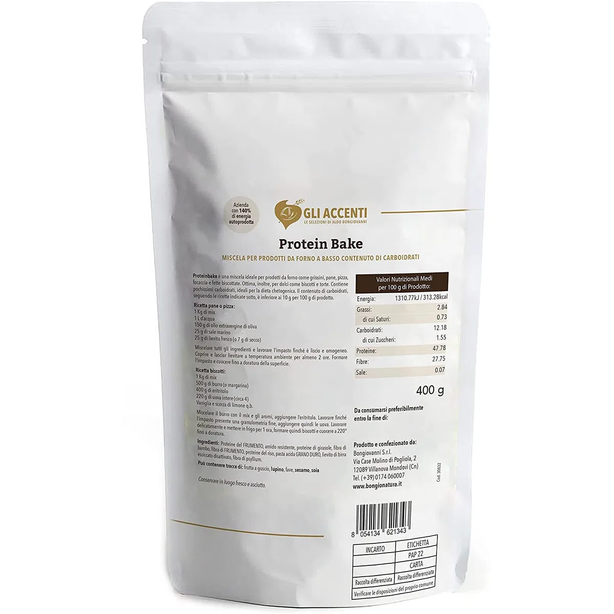 Bongiovanni Farine e Bontà Naturali – Protein Bake, Farina Proteica per pane, pizza, dolci da 400g (confezione da 3), Ideale per dieta chetogenica, Farina Low Carb