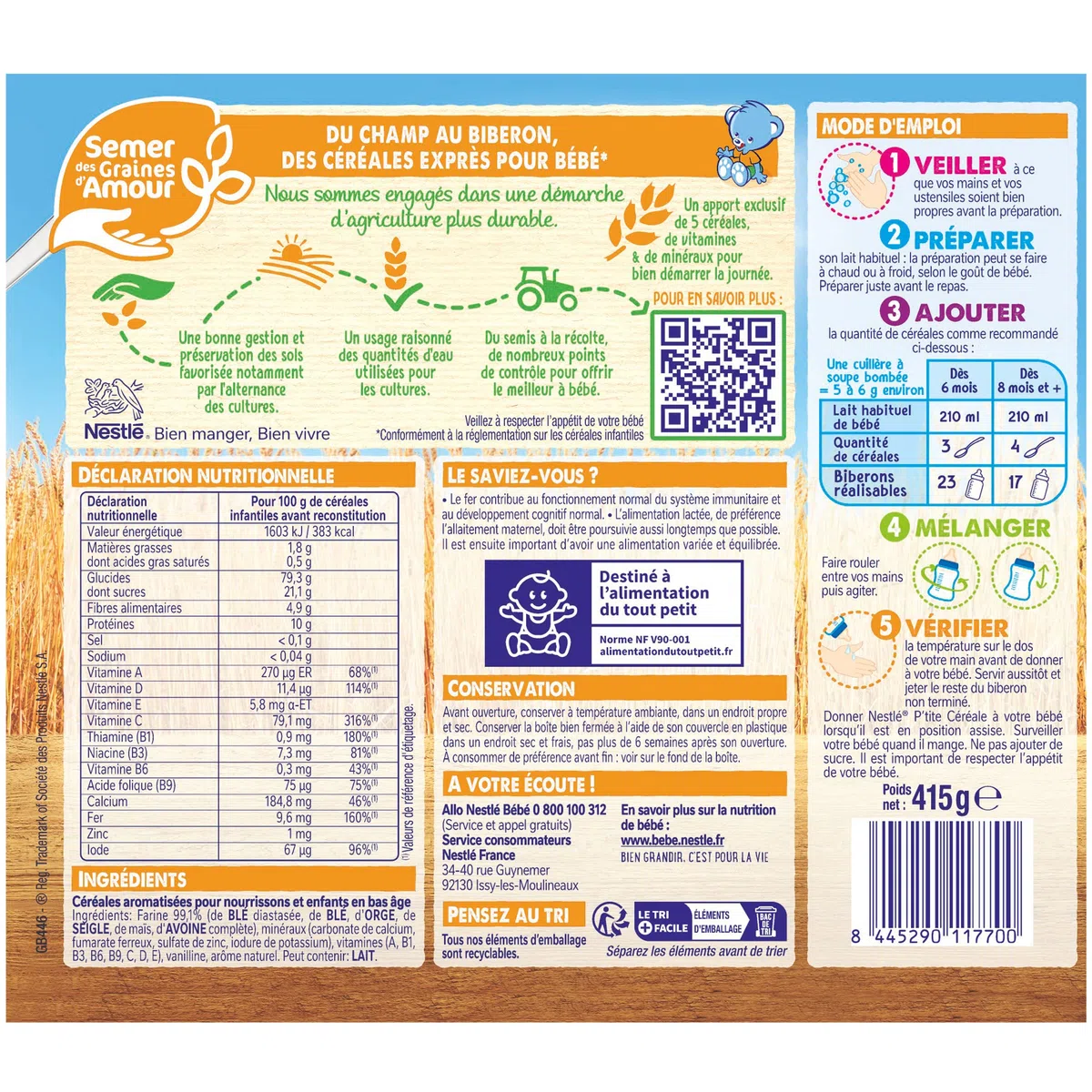 Nestlé Bébé P'tite cereali, secchi, biscotti, dai 6 mesi in su, scatola da 415 g