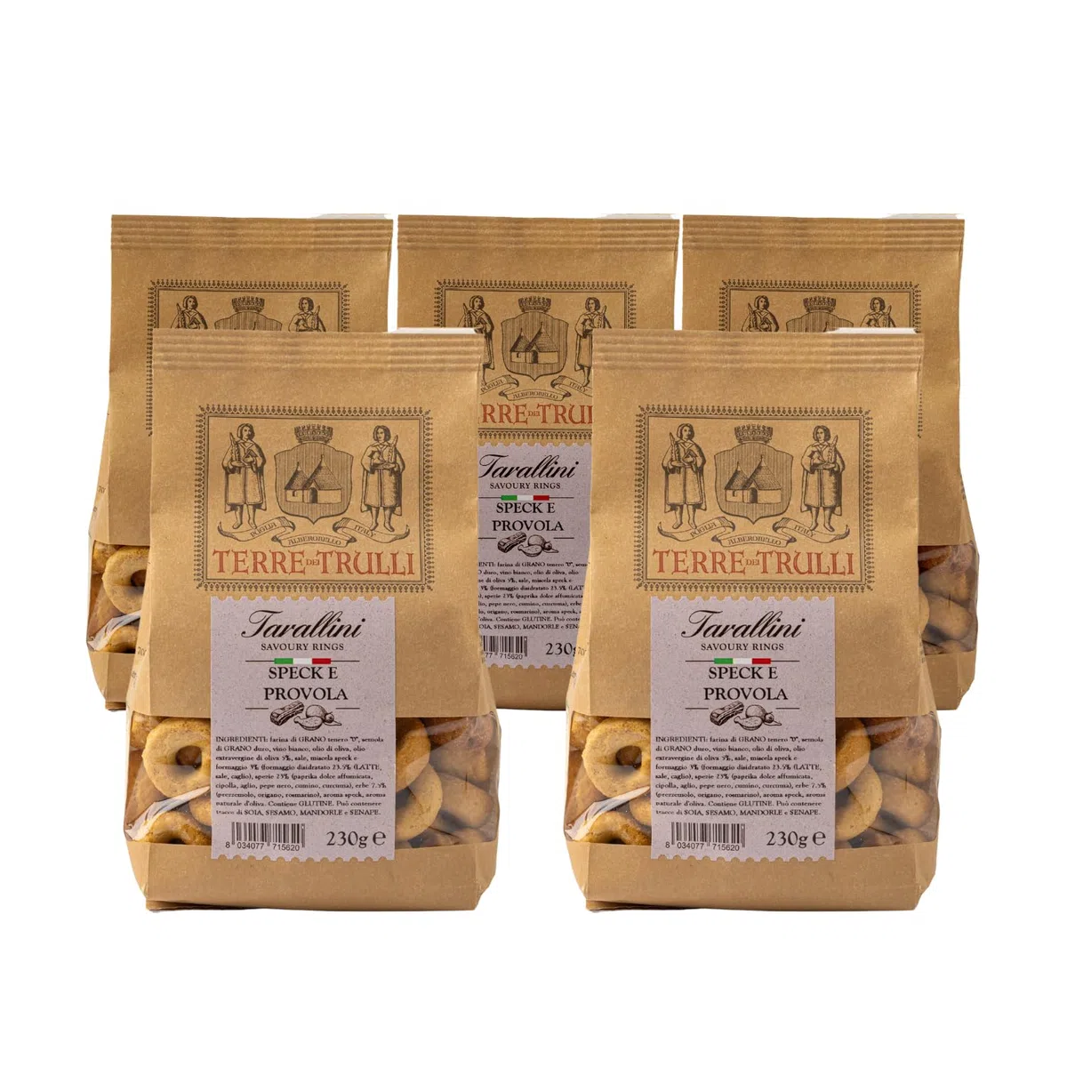 Terre Dei Trulli Tarallini Speck E Provola - 5 Confezioni Da 230g | Taralli Pugliesi Per Uno Snack Veloce E Gustoso | Snack Salati Per Un Aperi Snack Genuino | Tarallini Artigianali