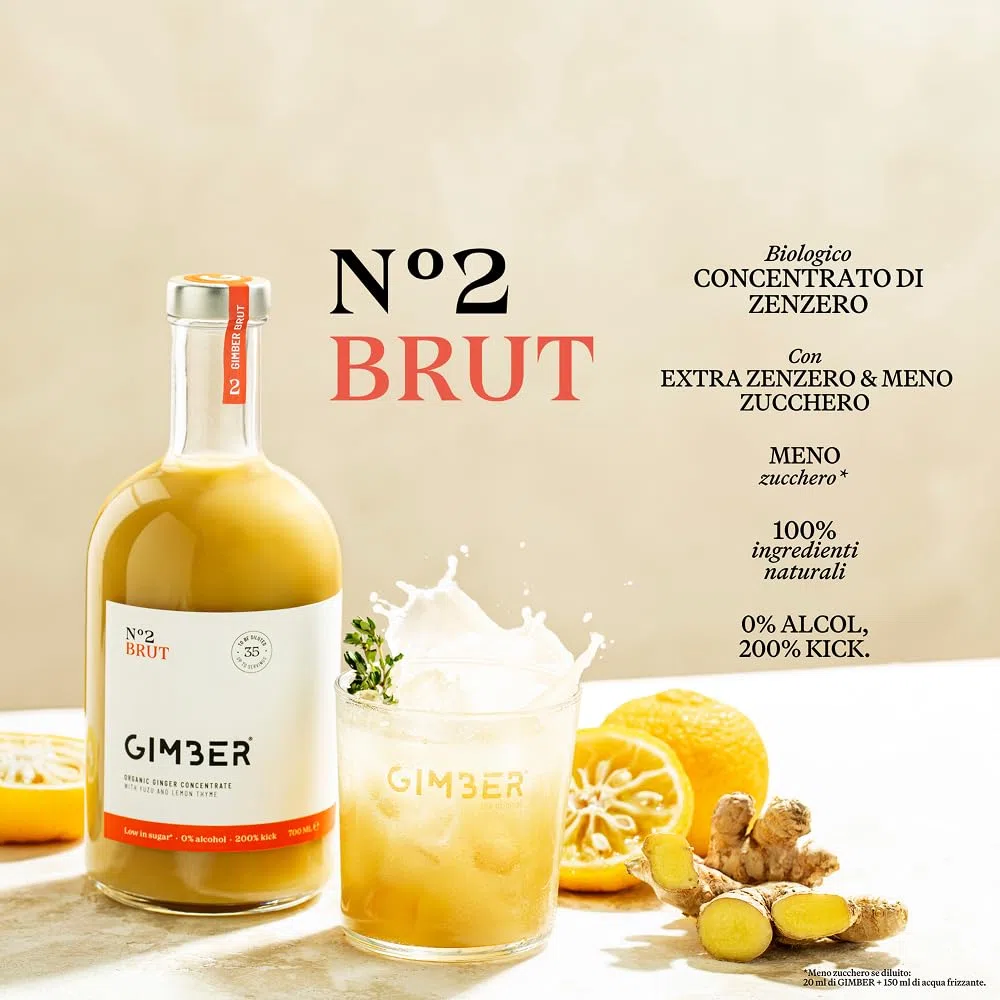 GIMBER Brut N°2 concentrato di zenzero biologico 700 ml | Bevanda analcolica biologica a base di zenzero, limone ed erbe | Estratto di zenzero premium | meno zucchero