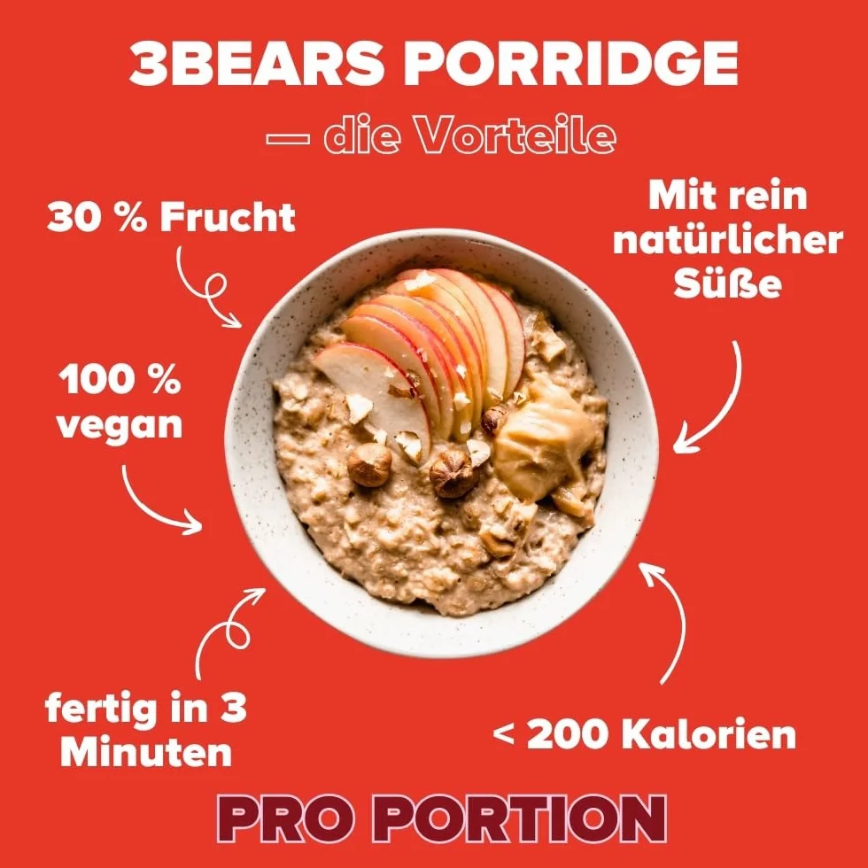 3Bears Porridge Mela e Cannella - pacchetto con 4 confezioni (4 x 400g). Tanta frutta e niente zuccheri aggiunti, fiocchi d’avena, colazione 100% naturale
