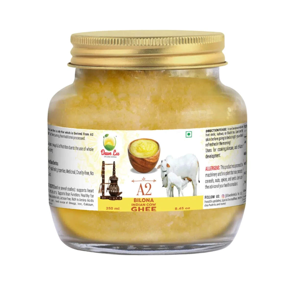 Dawn Lee Ghee Bilona A2 Ghee 250 ml Realizzato con processo di formazione di cagliata, rallentamento delle proprietà curative naturali promuove ossa forti muscoli e digestione fatto a mano puro sano