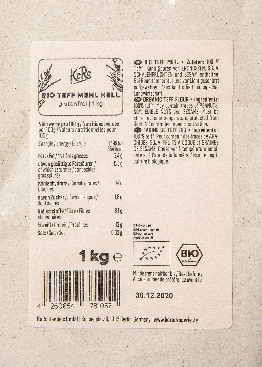 KoRo - Farina di teff bio 1 kg - Proteica - Versatile - Senza glutine - Per torte, biscotti o per addensare salse