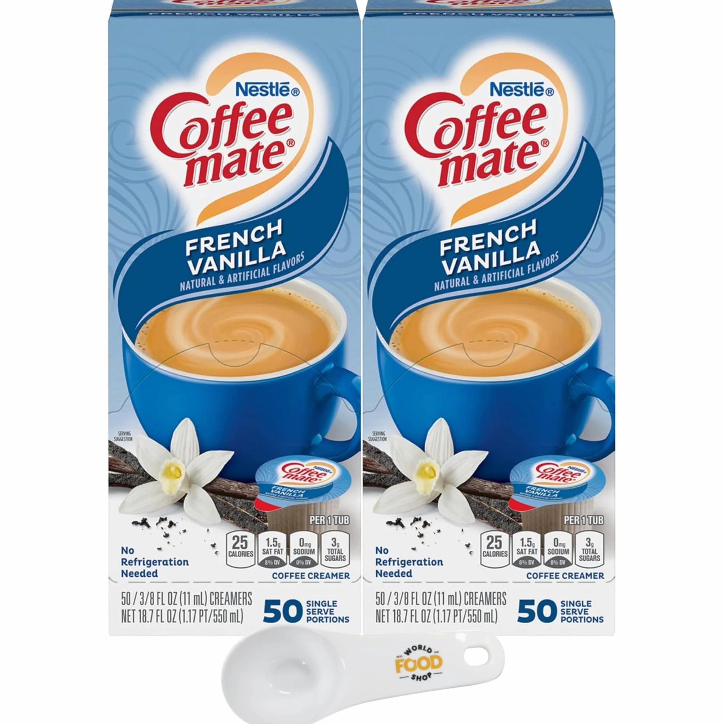 Nestle Coffee mate Liquid Coffee Creamer Singles, French Vanilla, scatola da 50 ct (confezione da 2) con paletta World Food Shop