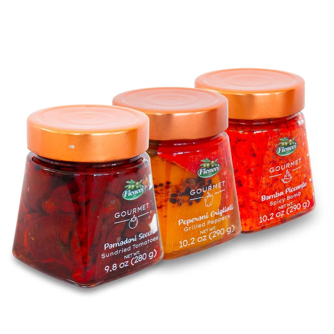 Ficacci - Selezione Antipasti Gourmet - Antipasti Rossi (Peperoni, Pomodori Secchi, Bomba Piccante) 3X (860g)