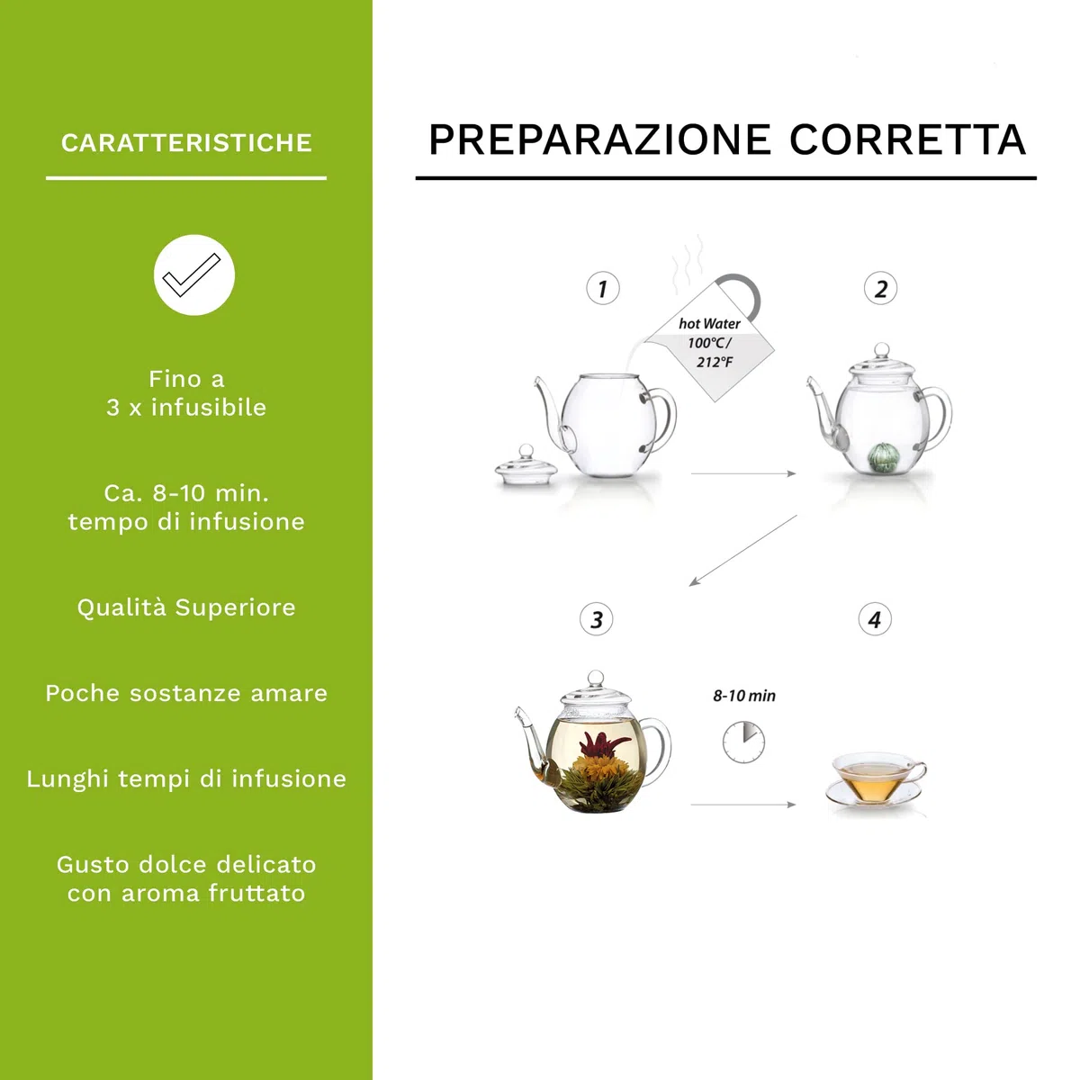 Creano Set Regalo Fiori di Tè – Miscela di 6 Tè Verdi con Fiori in Elegante Scatola di Legno + Teiera in Vetro 500ml
