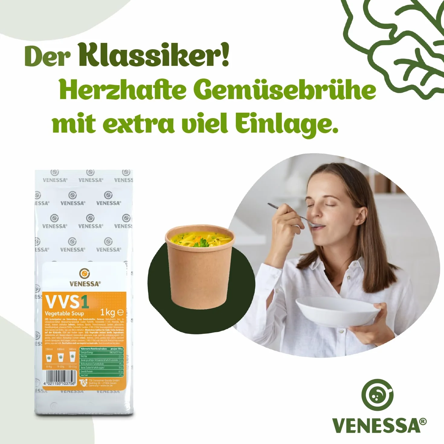 VENESSA VVS1 - Brodo vegetale fine, 2 x 1 kg, in polvere per zuppa, vegetabile, zuppa per macchina vegetariana, zuppa di verdure senza grumi, preparazione rapida, adatta per macchine automatiche