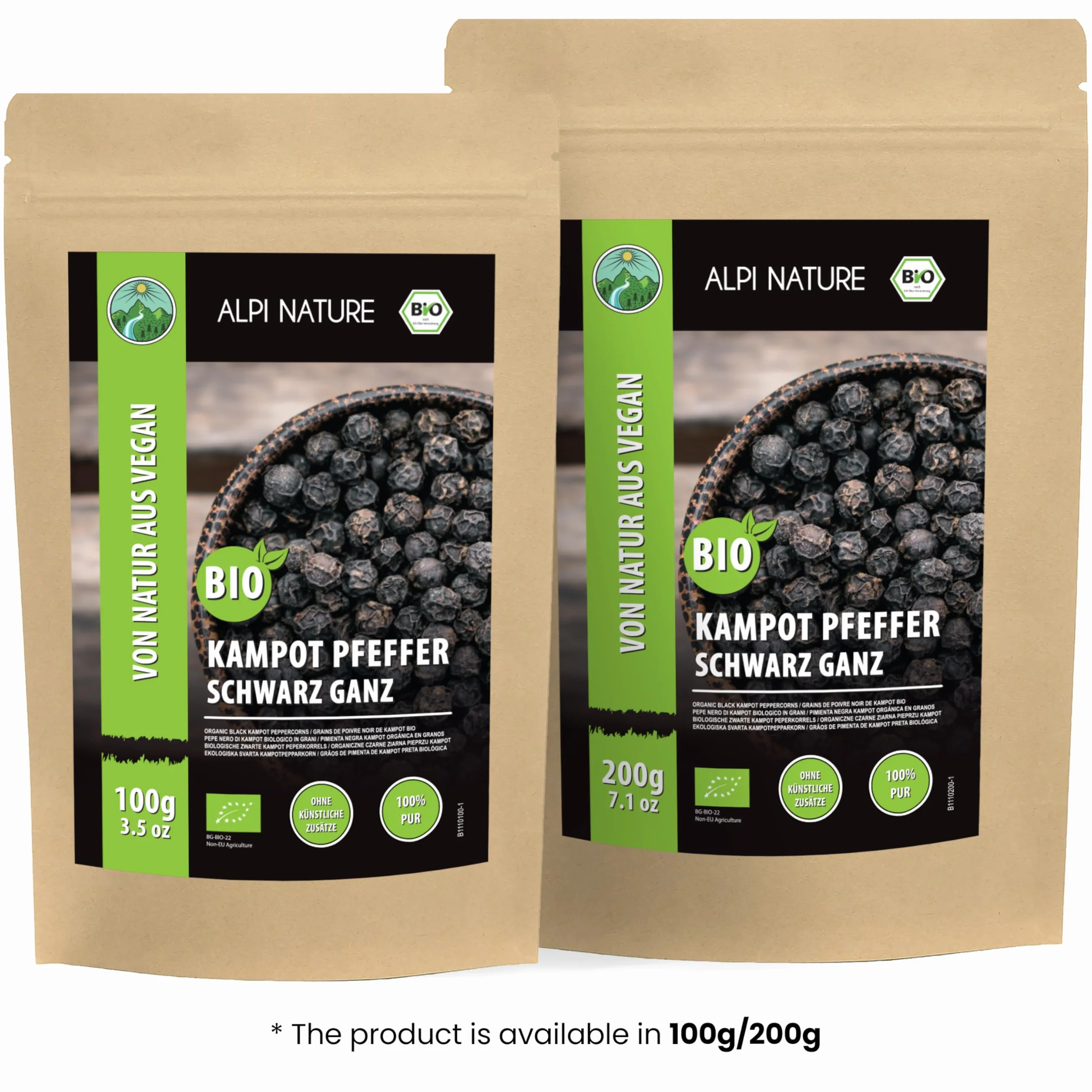 Alpi Nature Pepe Nero di Kampot BIO 200g, Grani di Pepe di Kampot Biologico Interi per Cucinare