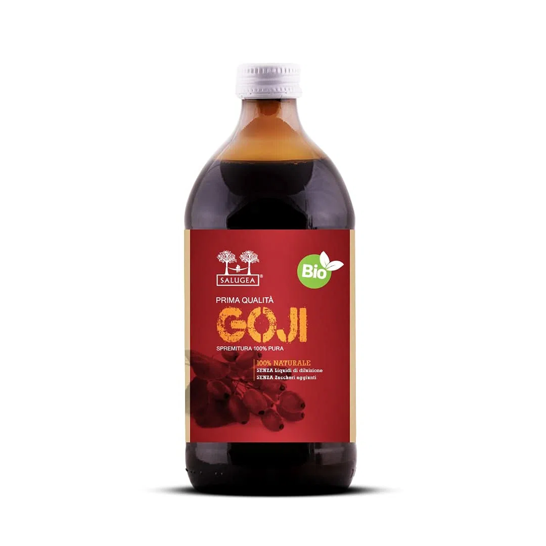 SUCCO DI GOJI BIO Salugea - 100% Puro e Naturale - Integratore energizzante e saziante, ricco di vitamine, sali minerali e aminoacidi - 500 ml - Flacone in vetro scuro farmaceutico