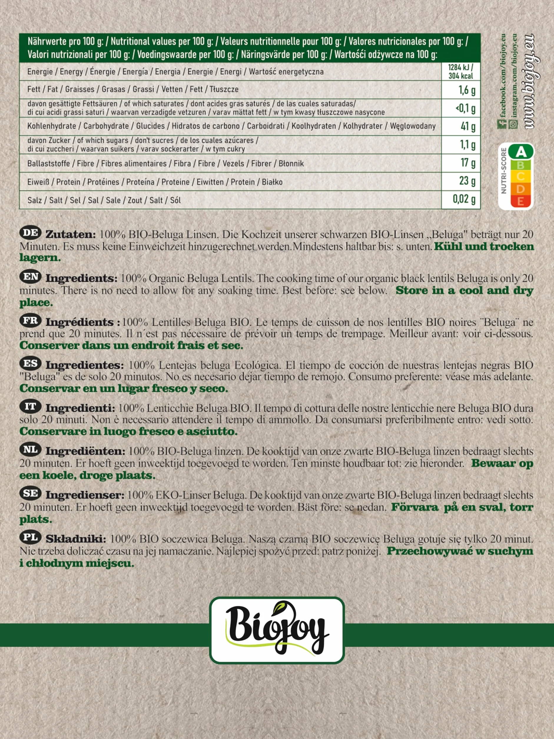 Biojoy Lenticchie nere Beluga BIO (1,5 kg), essiccato e intero, senza additivi