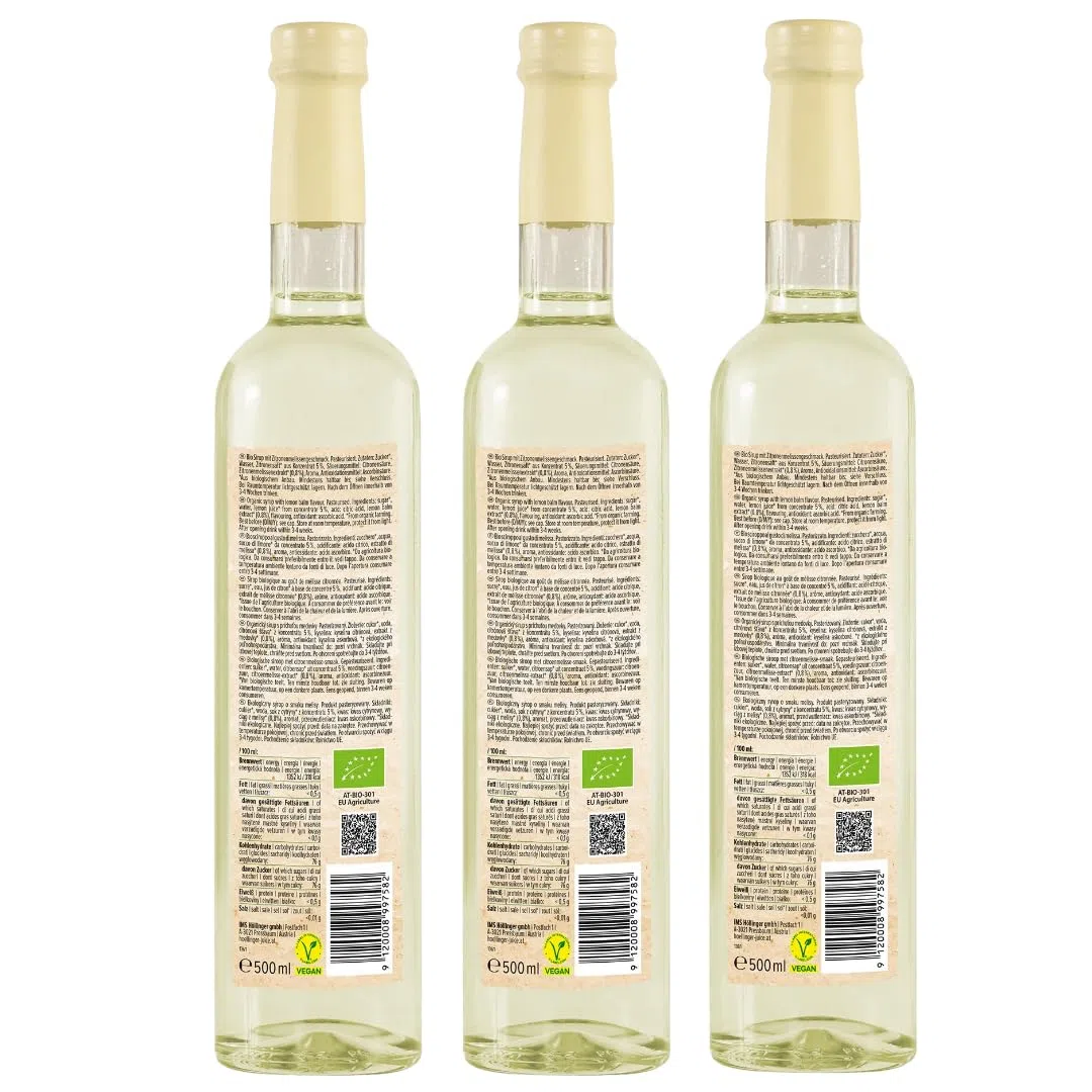 Höllinger Sciroppo Biologico Melissa e Limone, 3x500ml, Concentrato 1:9