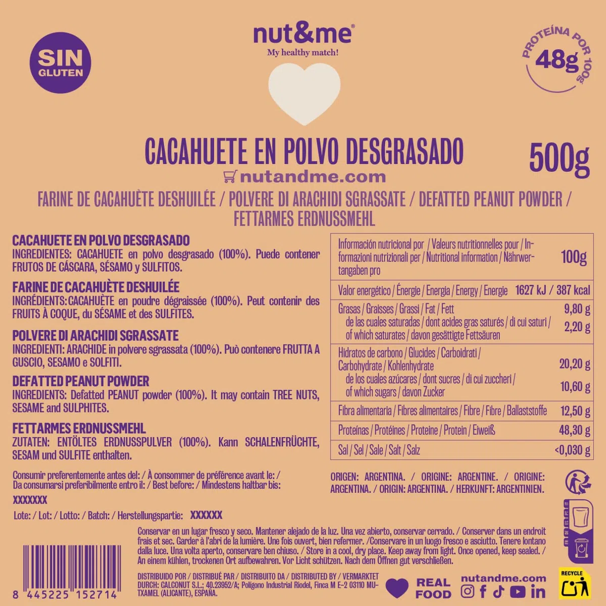 Burro di arachidi in polvere Premium 500 g nut&me | 100% Naturale e Vegano | Proteina di Alta Qualità | Sapore Intenso e Delizioso | Senza Glutine | Senza zuccheri aggiunti | No OGM
