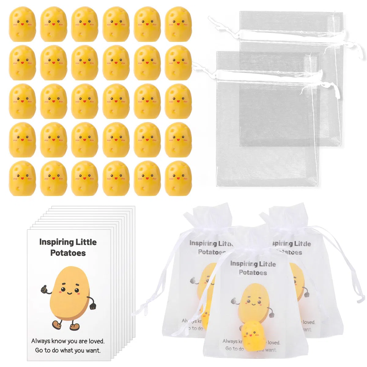 XIHIRCD 30pz Patate che Ispirano Positivamente, Mini Patate in Resina Realistiche con Sacchetto di Organza in Cartoncino Divertente Regalo Positivo per Collega Staff Studente Insegnante
