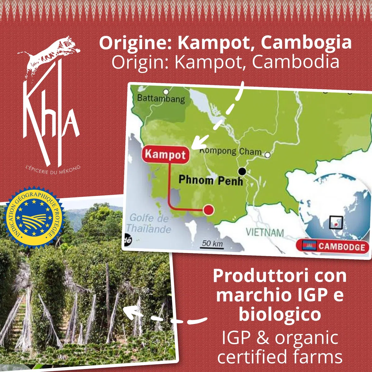 Khla - Pepe Rosso di Kampot Certificato Biologico 200g - Pepe Kampot in Grani Bio - Dolce e Fruttato - Ingrediente Spezie Cucina - Produzione Limitata - Direttamente dal Produttore - Origine Cambogia