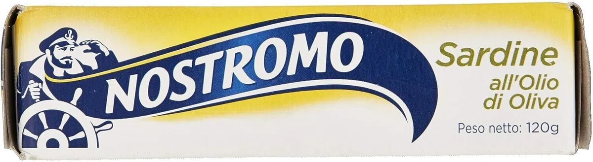 12x Nostromo Sardine all'Olio di Oliva,sarde in olio d'oliva, Pesce in Scatola,Lattine da 120g + 1 Confezione di Talco Felce Azzurra in omaggio, Busta da 100g