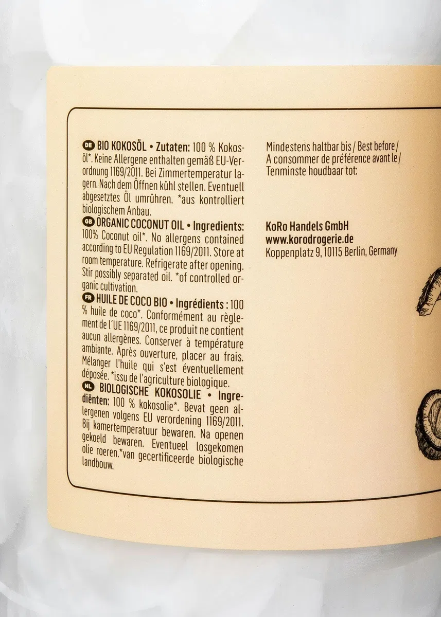 KoRo - Olio di cocco bio 1 litro - puro olio di cocco biologico extra vergine, per corpo, capelli e uso alimentare, senza zucchero, naturale e idratante