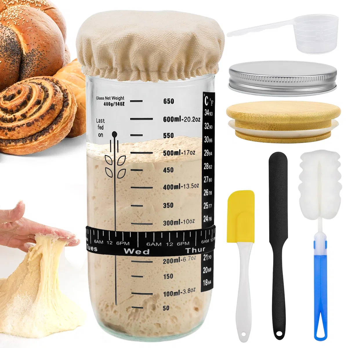Raxfekro Set di base per lievito naturale, con tappo in alluminio, elastico, carta termometro, spatola in silicone, cappello di stoffa, etichetta per la cottura del pane lievitato naturale