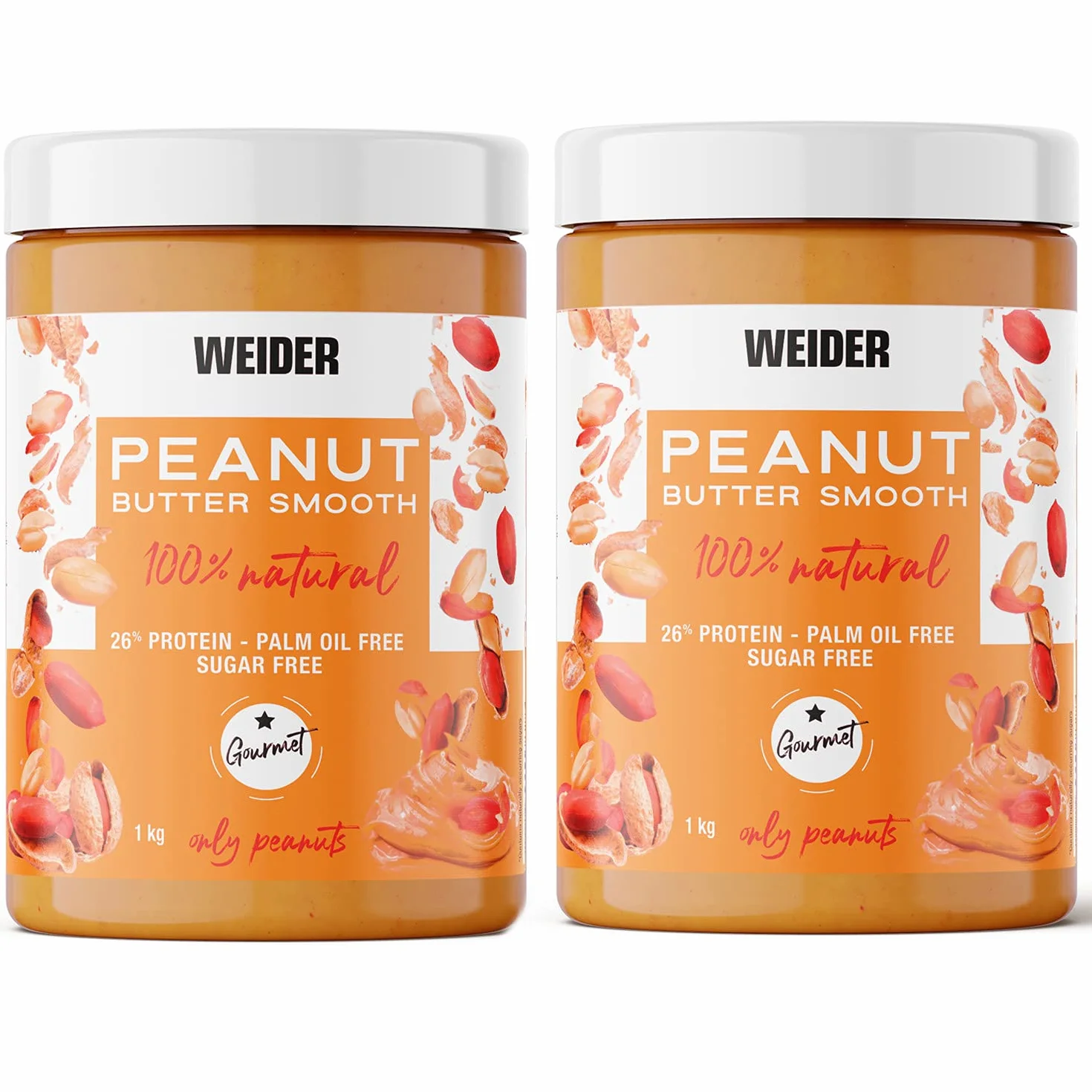 Weider Peanut Butter (2x1kg) Burro di Arachidi 100% naturale, 26% di Proteine, Senza Zuccheri Aggiunti, Adatto ai Vegani, senza Olio di Palma