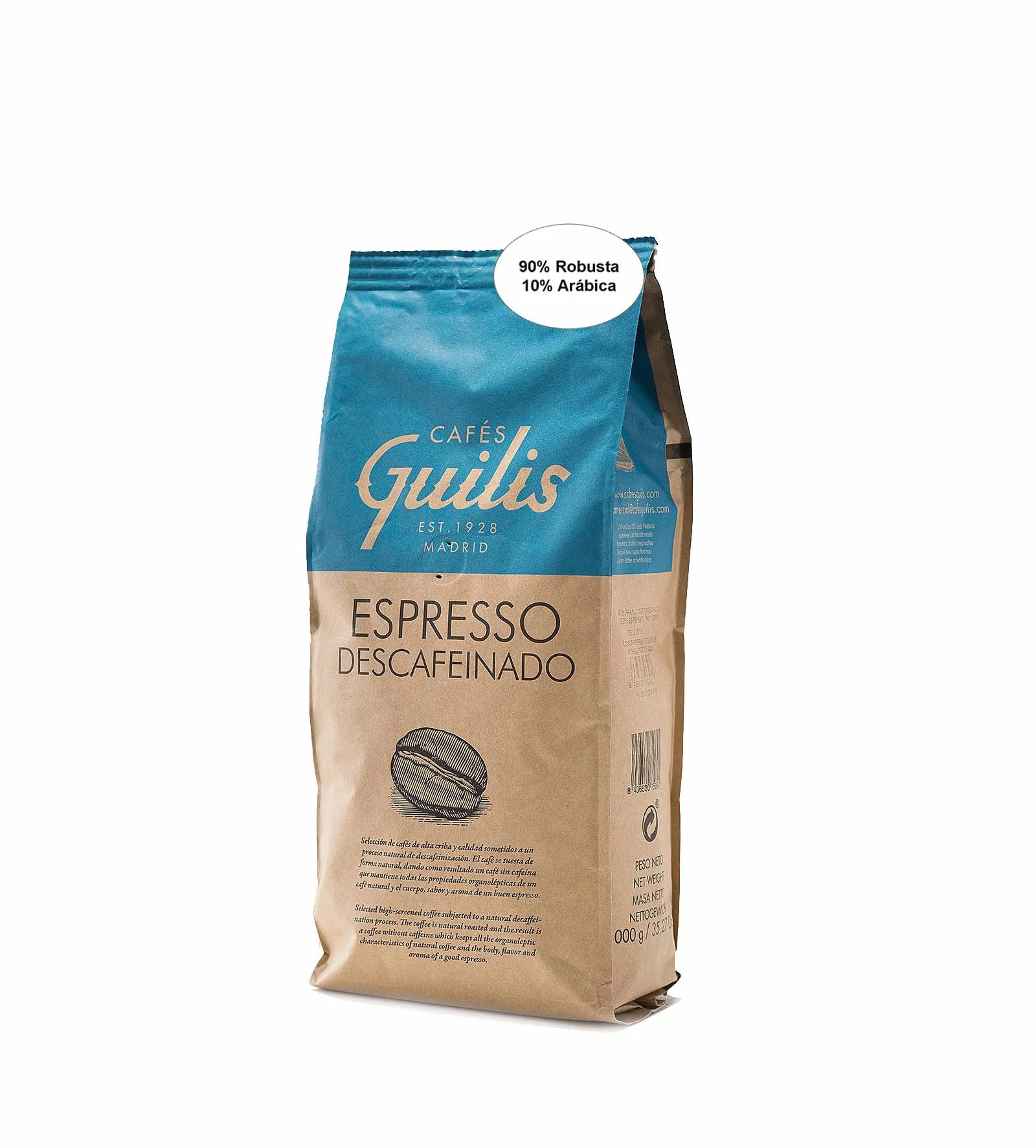 CAFES GUILIS DESDE 1928 AMANTES DEL CAFE Caffè Decaffeinato Intenso in Grani – 1kg – Miscela Naturale 100% – Aroma Ricco e Corposo – Senza Caffeina – Ideale per Espresso e Macchine da Caffè