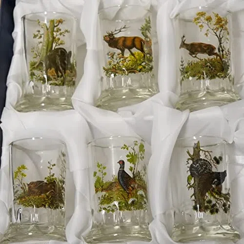 6 teiliges Schnaps Krügle Krügerl Gläser Set mit farbigen Jagdmotiv - 2 cl -