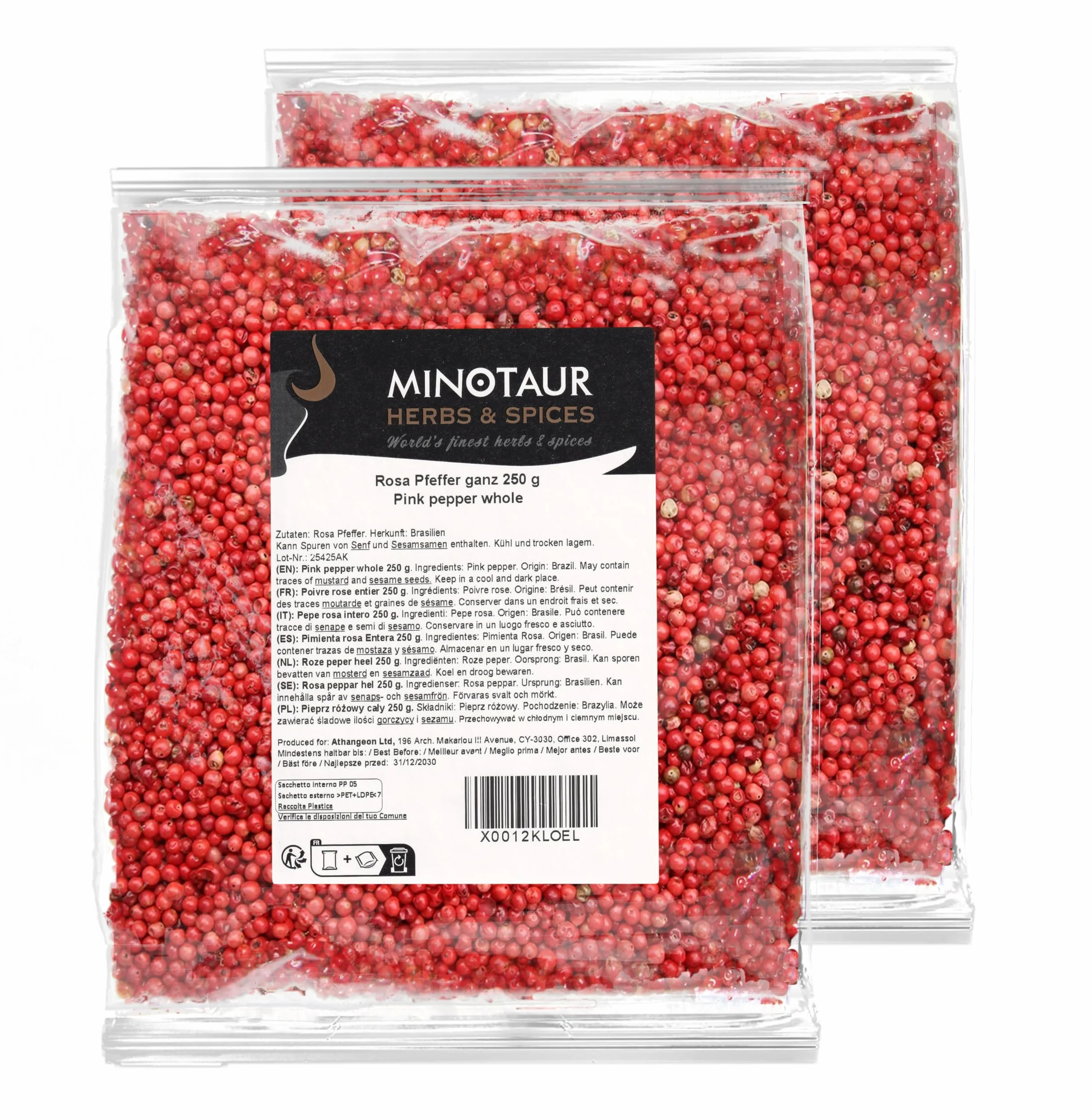 Minotaur Spices | Pepe rosa intero | 2 x 250 g (500 g) | Pepe rosa in grani | Rosa bacche