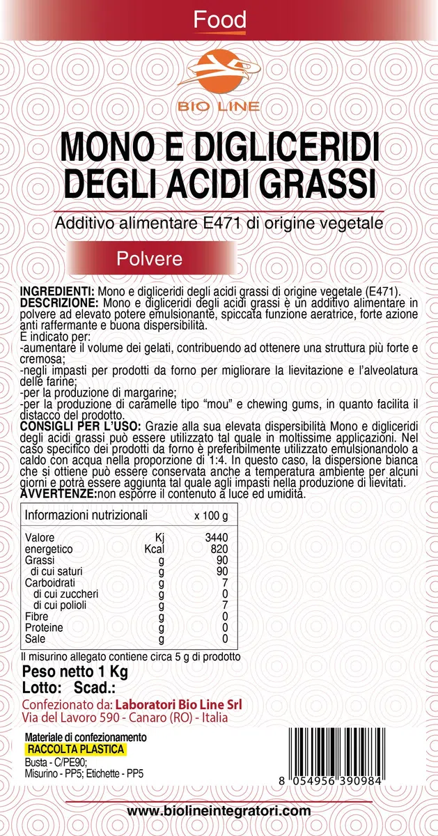 Mono e digliceridi degli acidi grassi (E471) - Additivo alimentare di origine vegetale, 1 Kg