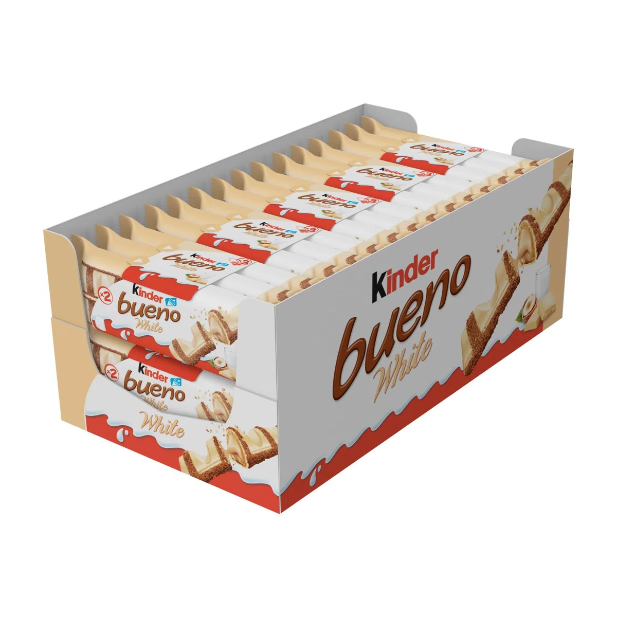 Kinder Bueno White, Snack al Cioccolato Bianco e Nocciole, un Wafer Ripieno di Crema alle Nocciole Ricoperto da Cioccolato Bianco e Granella Meringata al Cacao, Pacco 30 Confezioni