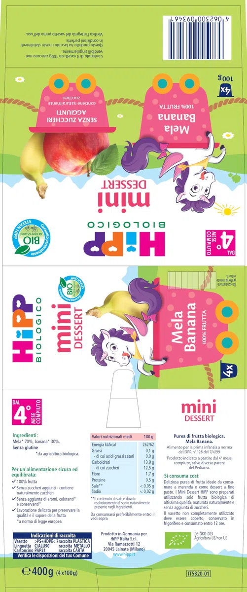 HiPP - Nuovi Mini Dessert, Frutta Grattugiata Bio, Mela e Banana, Confezione da 24 Vasetti da 100 g