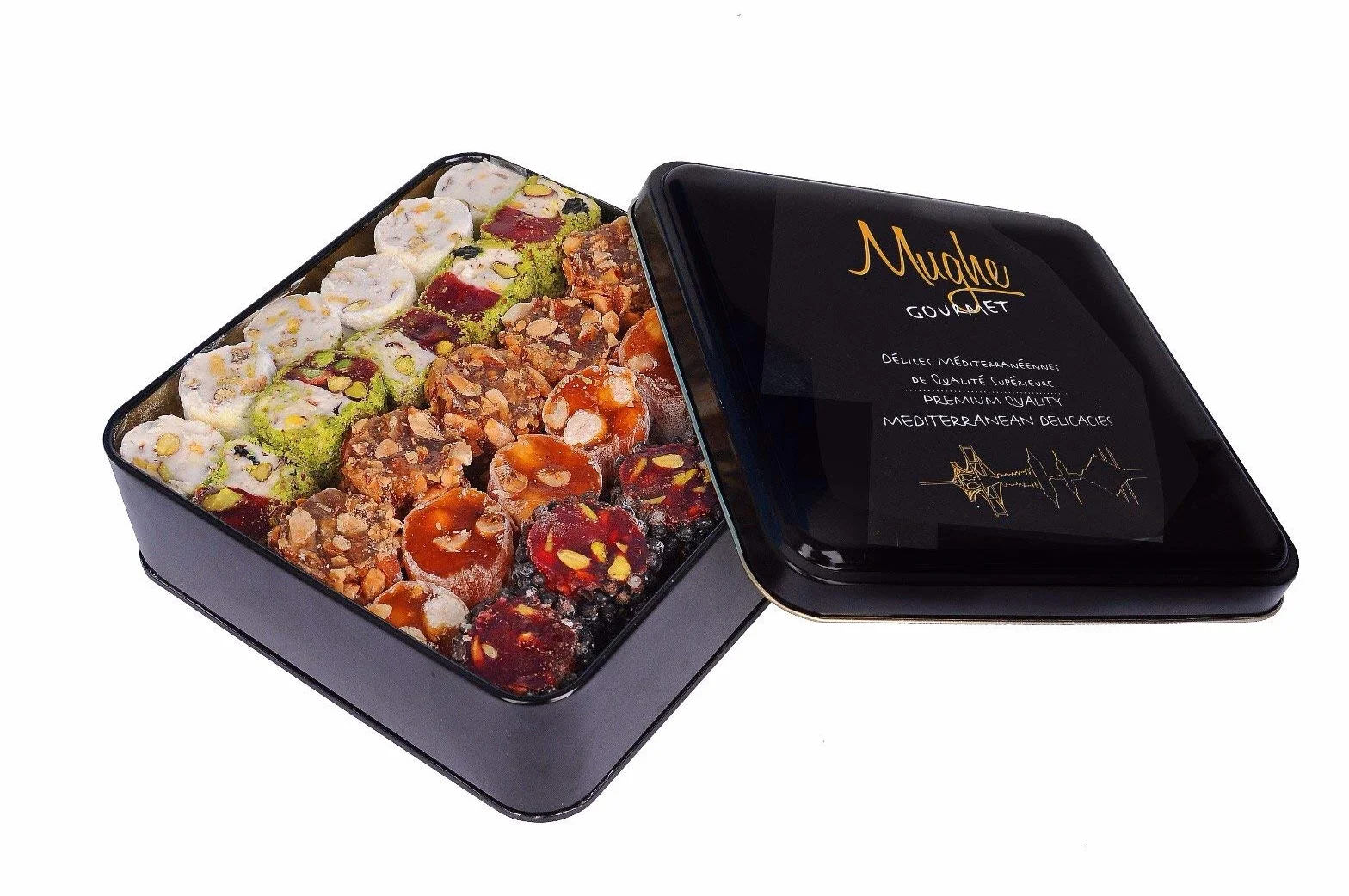 Mughe Gourmet - Delizie di Lokum con Pistacchi Sultan - Elegante Scatola Regalo di Lusso - Pistacchio, Arancia, Nocciola e Mandorle - 1000g - Halal e Vegetariano - Perfetta per Compleanni, Natale