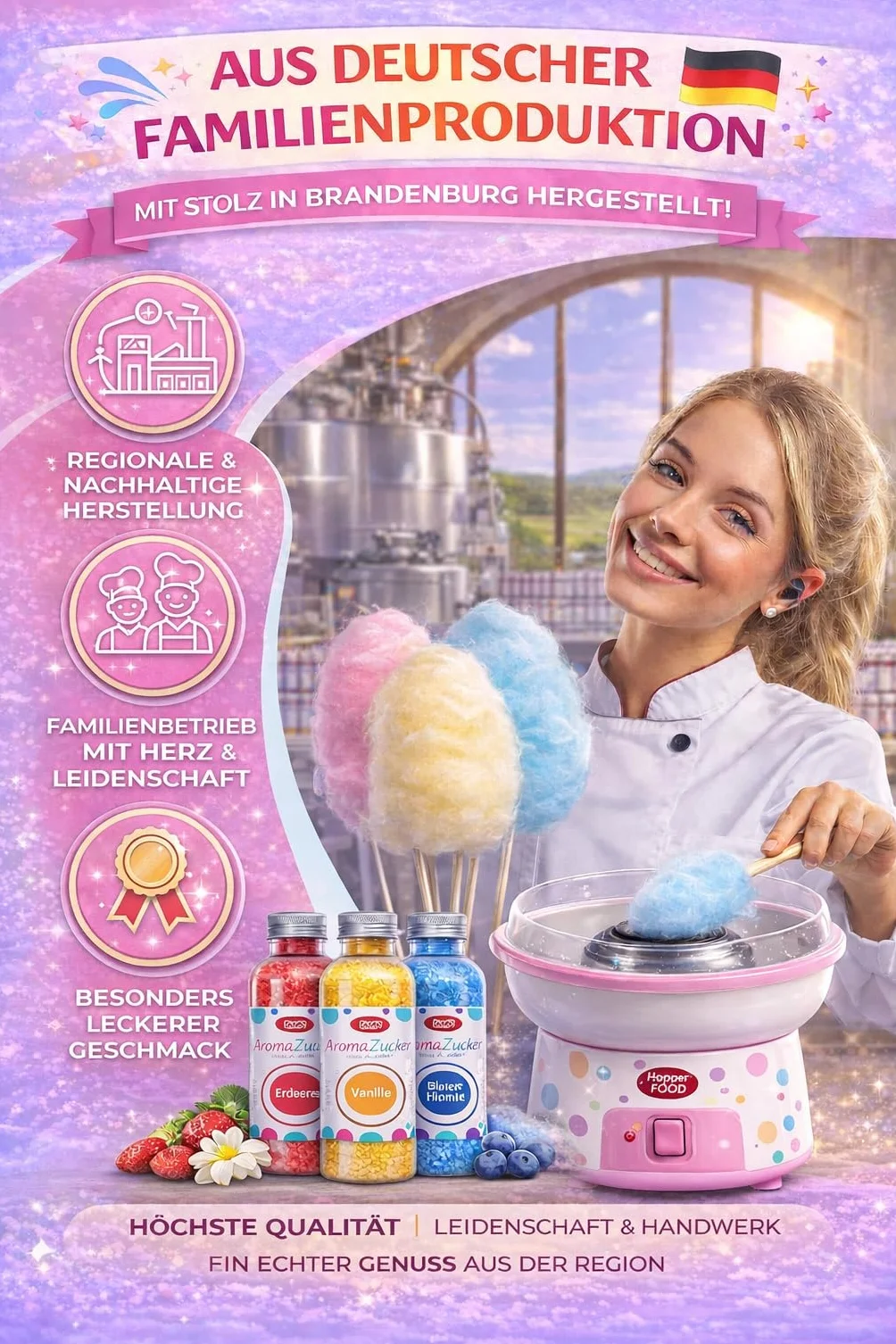 Set per feste, 6 x 230 grammi di zucchero per macchina per zucchero filato, con 100 bastoncini inclusi