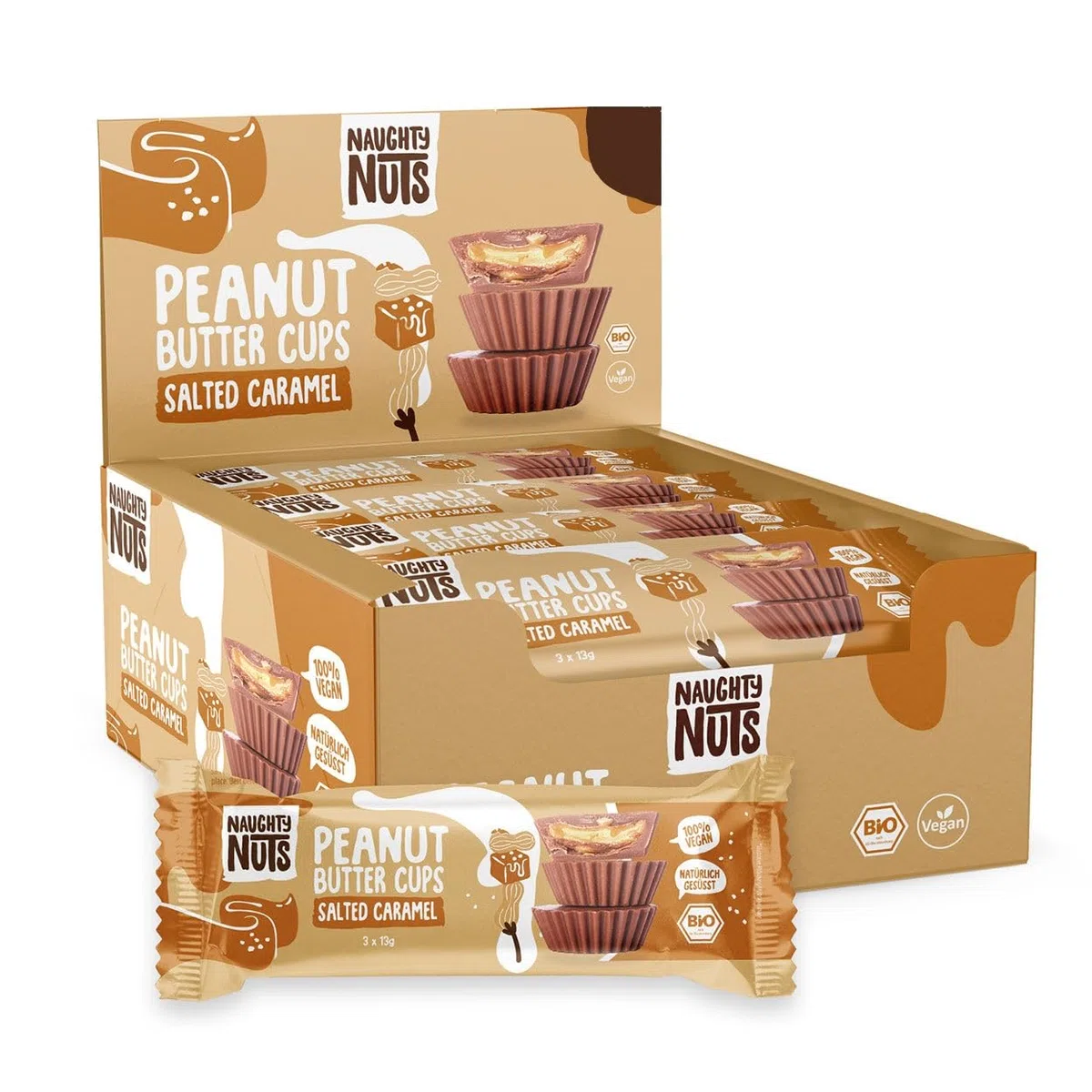 Naughty Nuts BIO Cuppette di Burro di Arachidi, Caramello Salato - Vegana, senza Olio di Palma e con il 44% di Zucchero Raffinato in Meno - 12 x 39 g