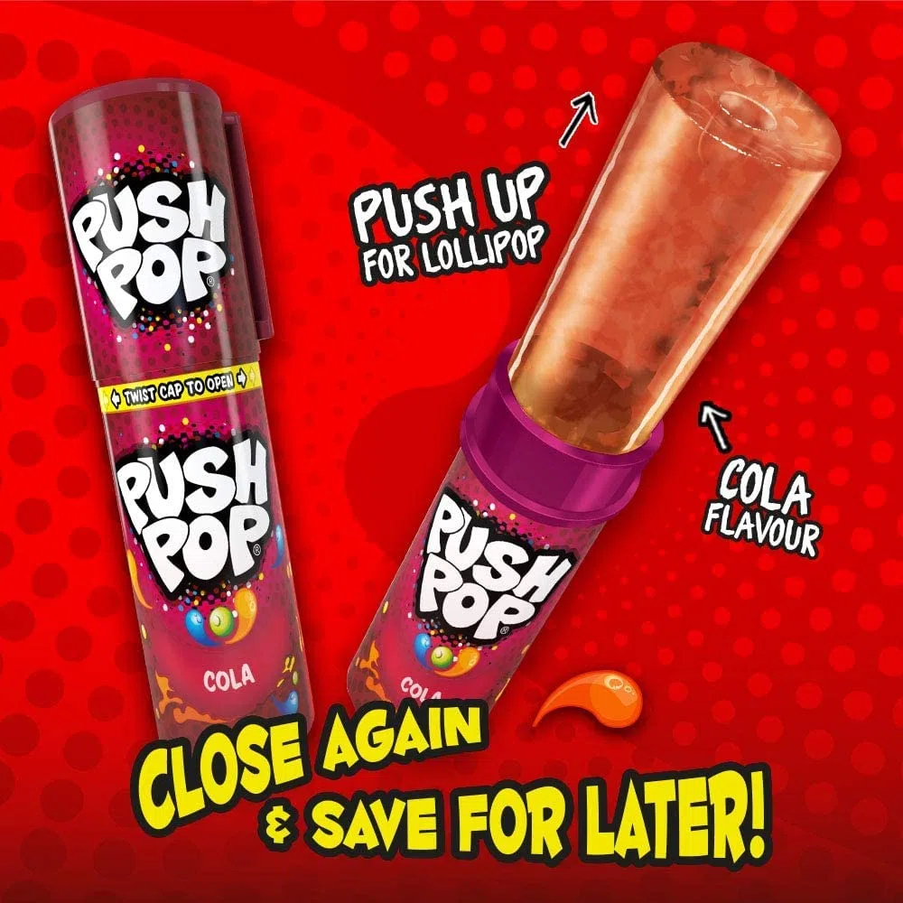 Bazooka Push Pop Lecca Lecca espositore assortito in 3 gusti: Cola, Fragola e Lampone Lollipop da 15. grammi in expo da 20 pezzi