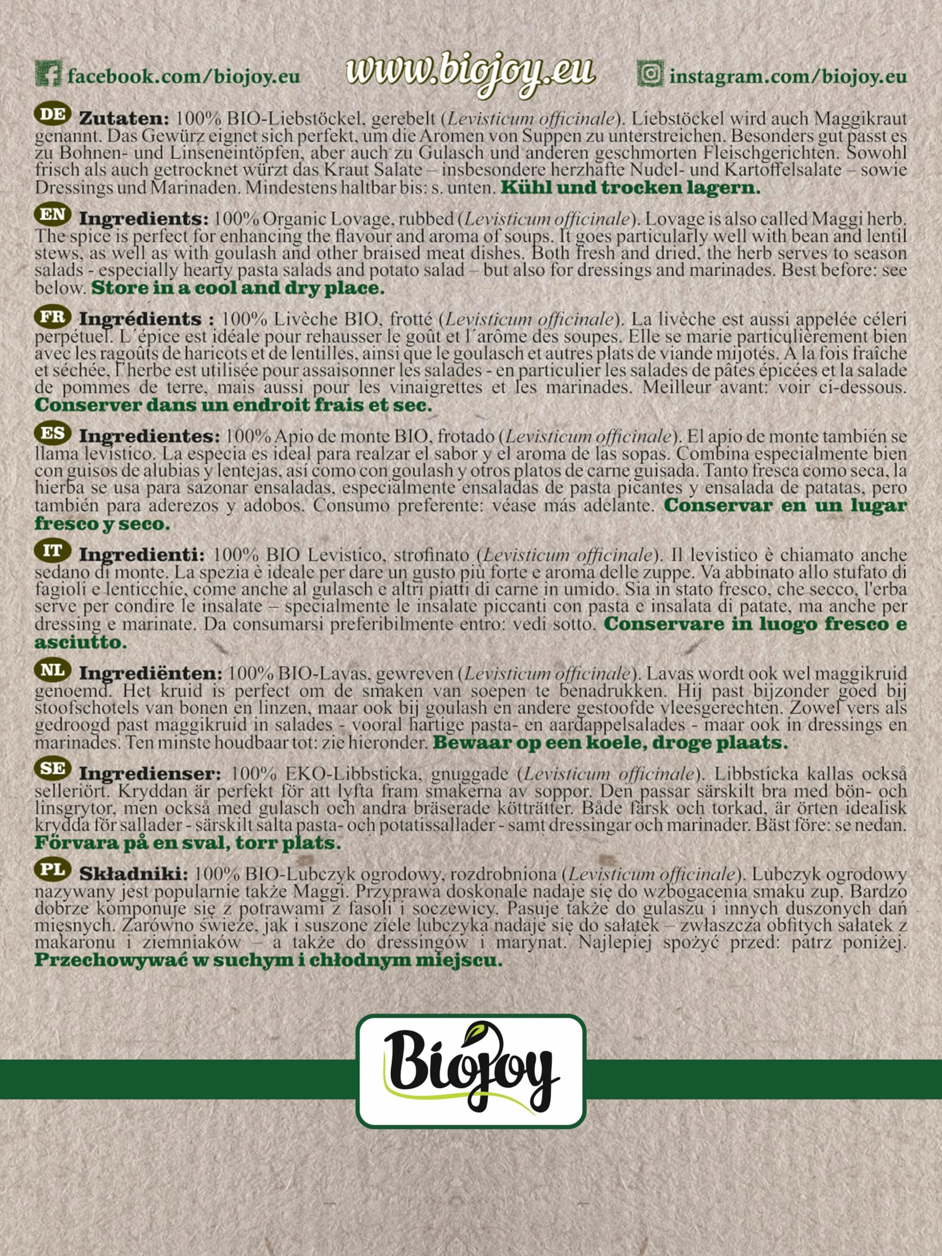 Biojoy Levistico essiccato BIO (500 g), Tritato, Sedano di Monte, Spezia senza additivi (Levisticum officinale)
