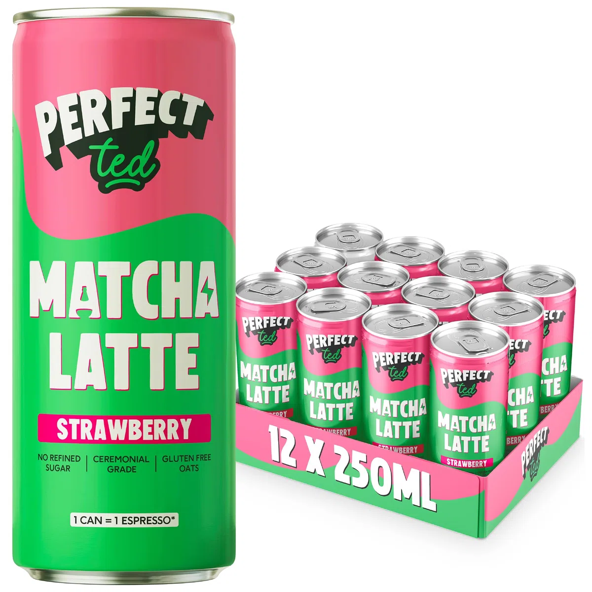 PerfectTed Matcha Latte (Pronto da Bere), Matcha di Grado Cerimoniale, 12 Lattine da 250ml, Pronto da Bere con Avena Senza Glutine | Morbido e Cremoso | Senza Latticini (Fragola)