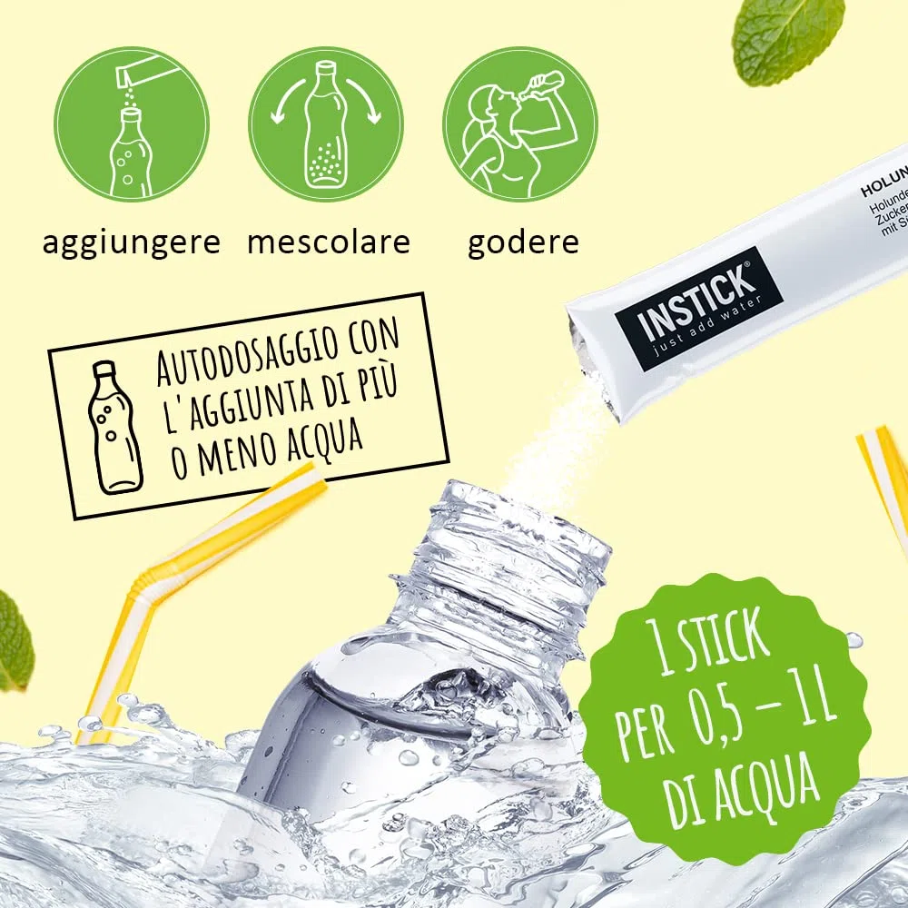 INSTICK bevanda istantanea senza zucchero (confezione tè freddo + borraccia Tritan 1L) 8x12 bustine – per 0,5–1 l – vegana, con vitamina C e a basso contenuto calorico