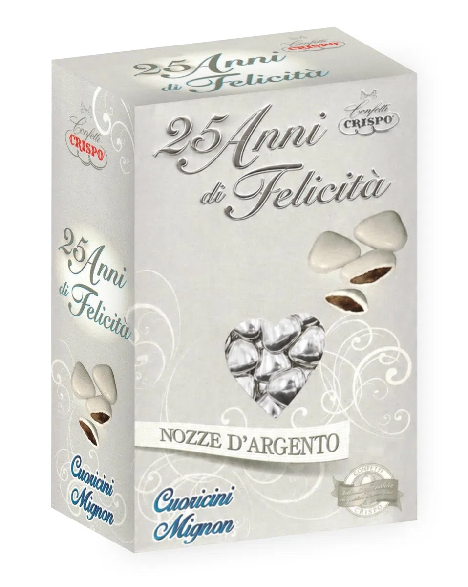 Cuoricini Mignon 25 Anni di Felicità Nozze d’Argento al Cioccolato Fondente – Confetti a Cuore Argento per Anniversario 25 Anni, per crispo 500g