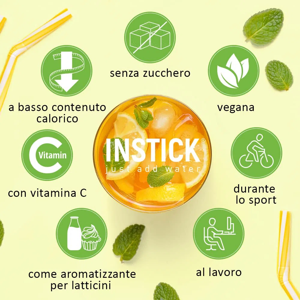 INSTICK bevanda istantanea senza zucchero (confezione tè freddo + borraccia Tritan 1L) 8x12 bustine – per 0,5–1 l – vegana, con vitamina C e a basso contenuto calorico