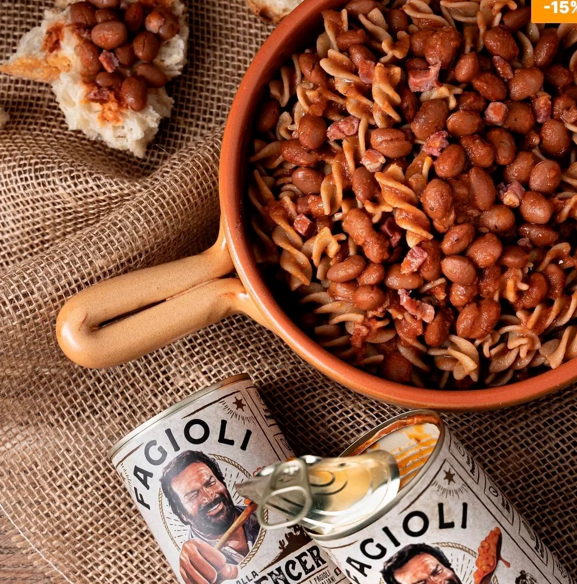 Selezione Fagioli BUD SPENCER 2 Confezioni Fagioli Neri Tex-Mex 2 Confezioni Fagioli Pinto Ricetta Originale confezioni da 400gr con esclusivo adesivo Zeus Party