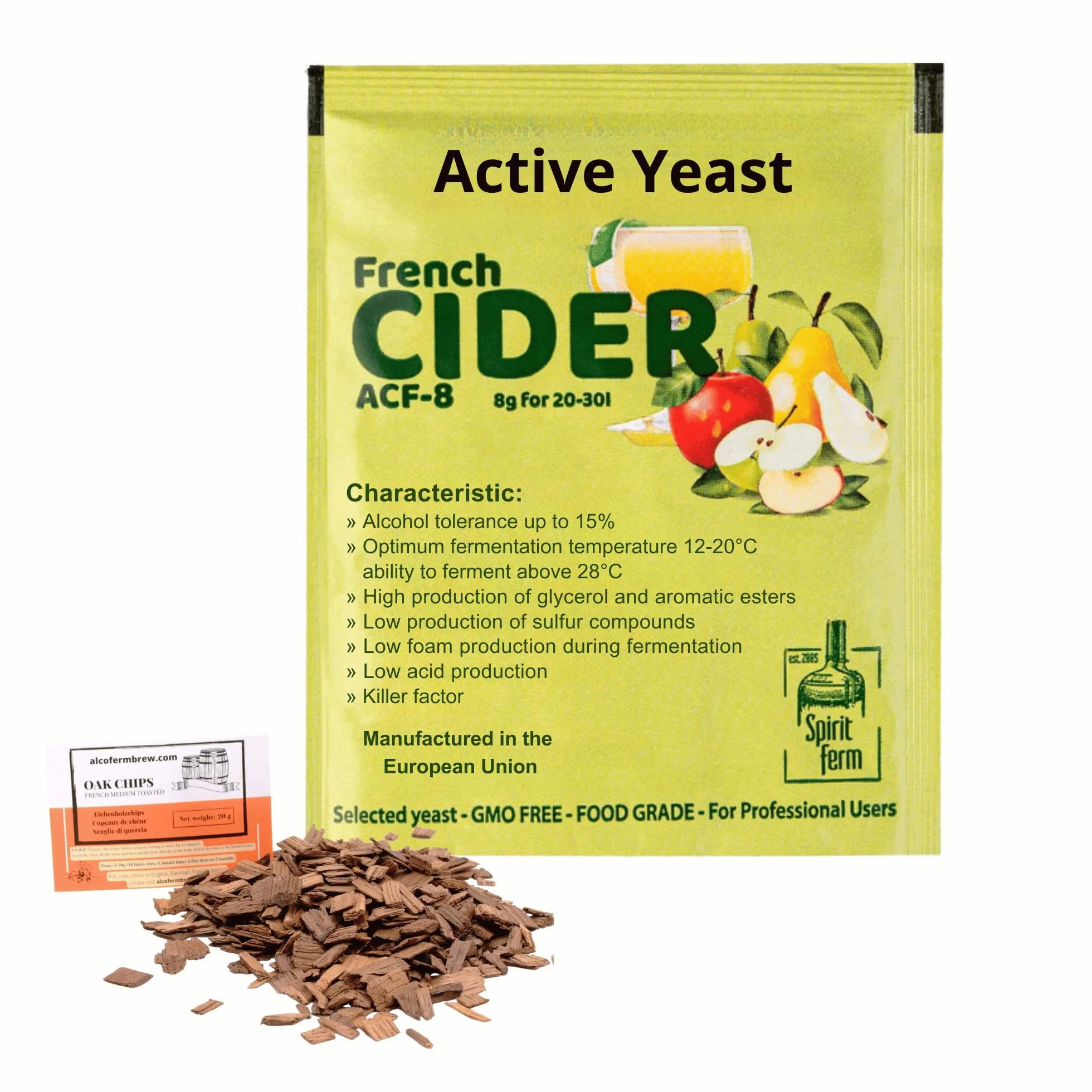 5 x Lievito di Sidro Francese 8g/25L + Trucioli di Quercia Francese 20g - Lievito per la Fermentazione del Sidro, Lievito per Mele e Pere, Lievito di Vino