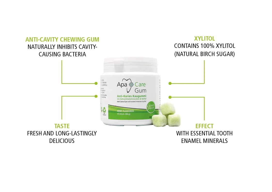 Apa Care Gum gomma da masticare anti-carie con minerali dello smalto e xilitolo | vegano | 6 lattine