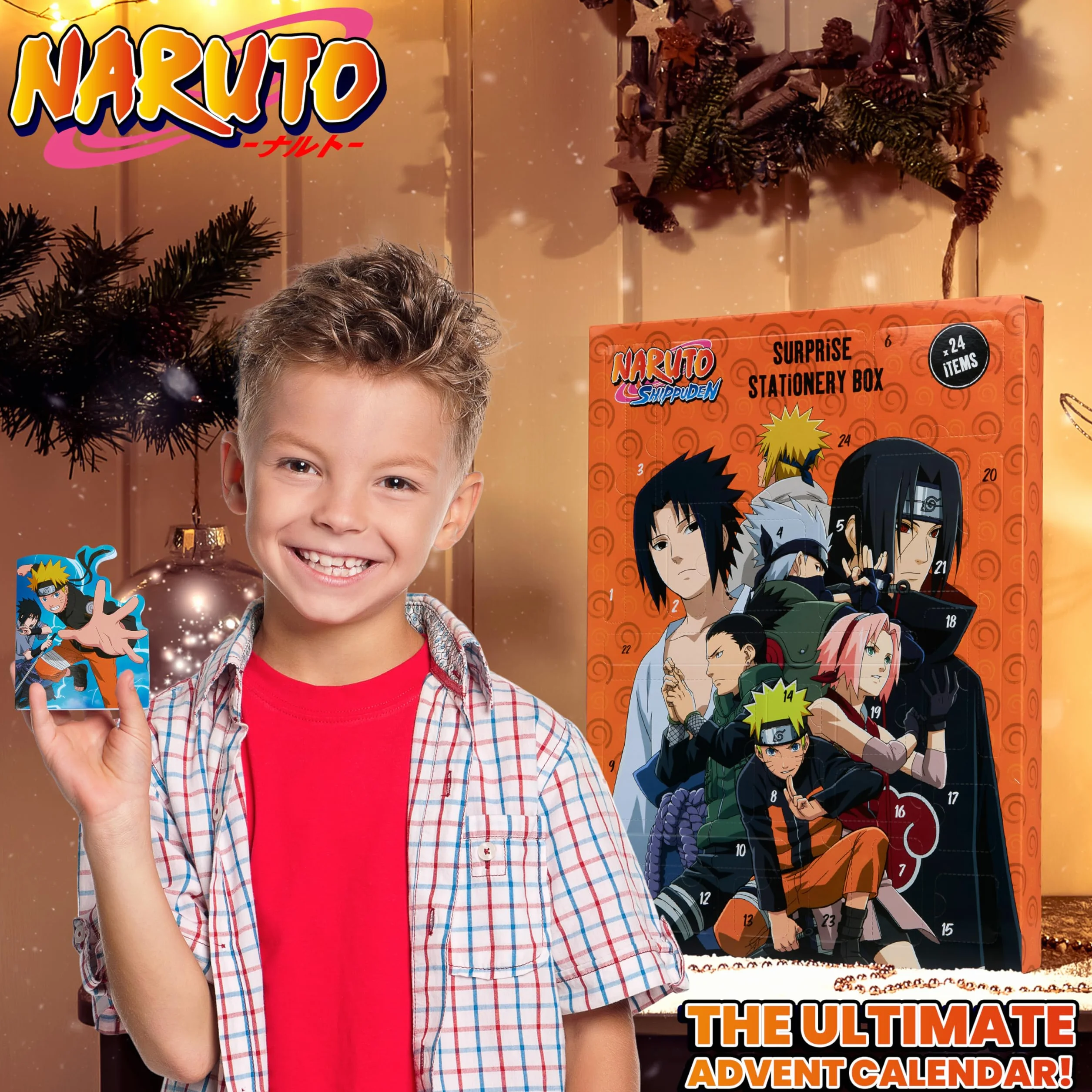 Naruto Calendario Avvento 2025 Cancelleria e Accessori Anime Countdown Natale Calendari Avvento Cartoleria Penne Adesivi Regalo per Bambino (Arancia)