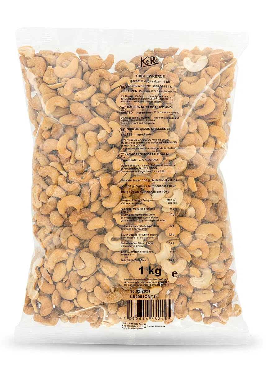 KoRo - Anacardi tostati e salati - 1 kg - croccanti - saporiti e aromatici - come topping o come snack