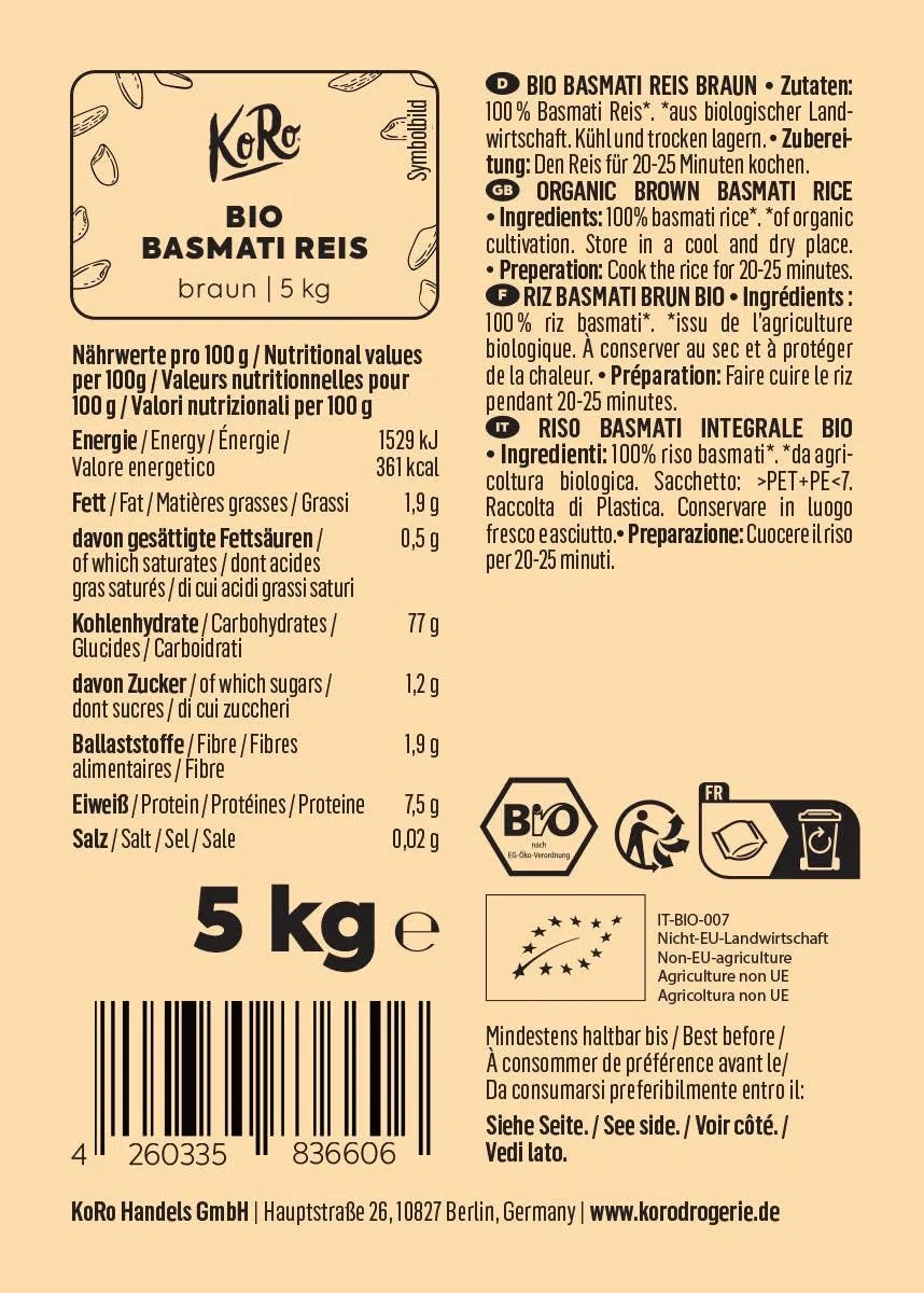 KoRo - Riso Basmati integrale bio 5 kg - Gusto aromatico - Confezione convenienza - Da agricoltura biologica - Ideale per insalate o come contorno
