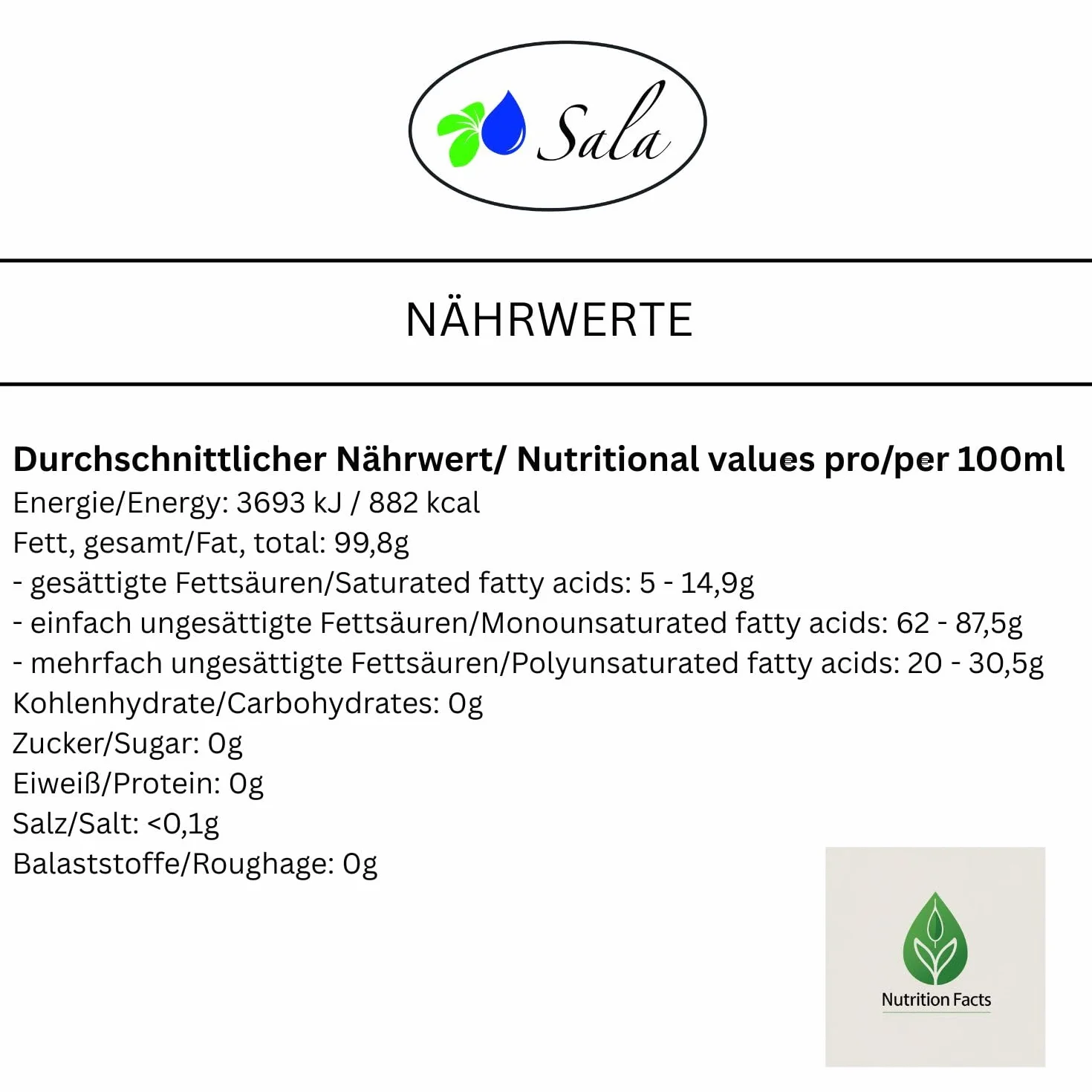 Sala Olio di mandorle biologico spremuto a freddo (flacone di vetro da 500 ml)