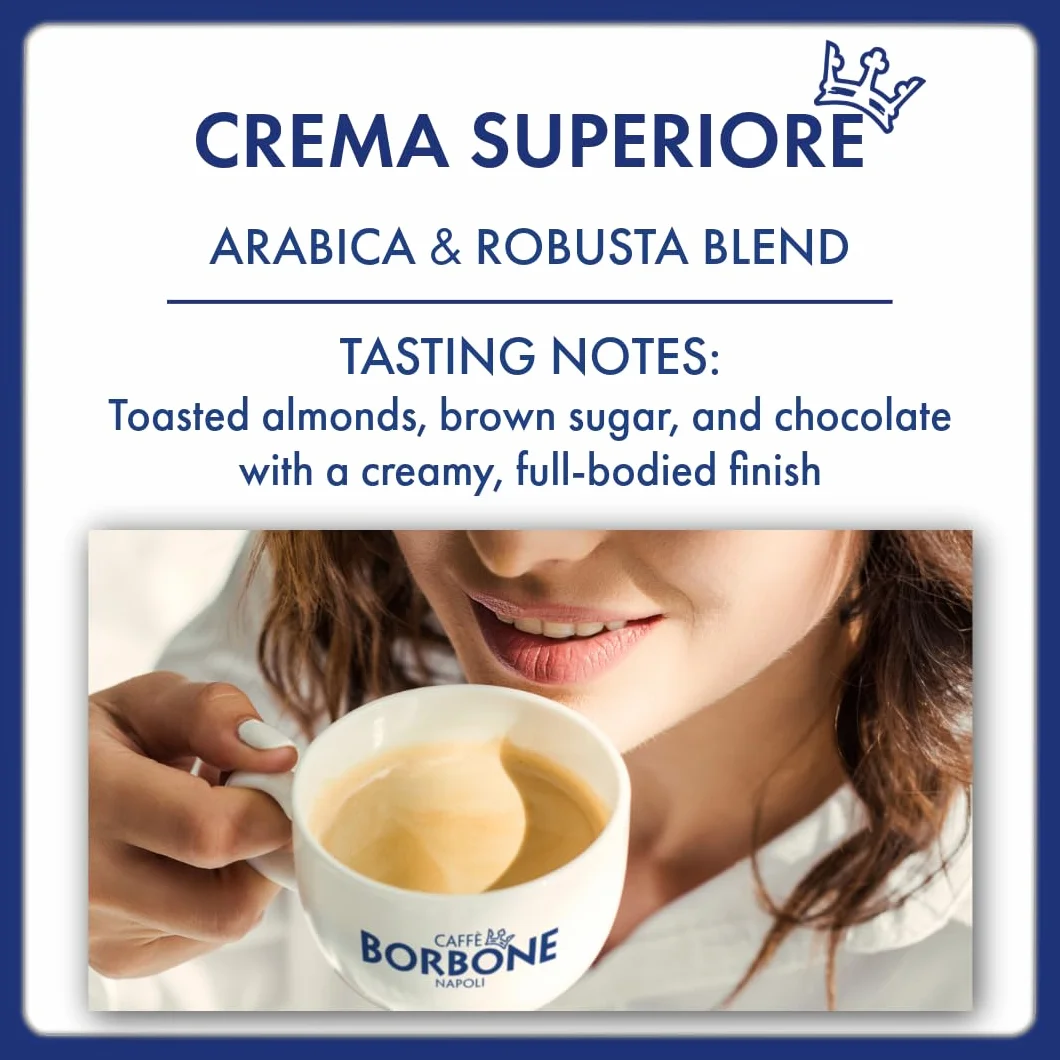 Caffè Borbone, chicchi di caffè tostati - Crema Superiore - Espresso napoletano autentico - Intensità 7/10 - Miscela potente e raffinata con note di cioccolato al latte e vaniglia - Confezione da 1 kg