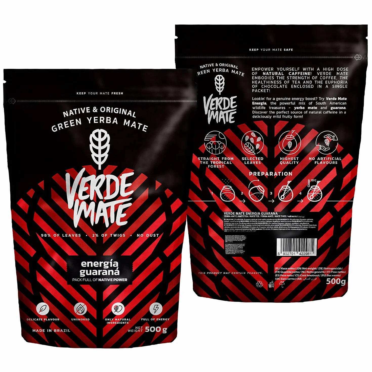 Verde Mate Green Energia Guarana 500 g, Tè Yerba Mate dal Brasile, Yerba Mate alla Frutta, Vegano, Senza Glutine