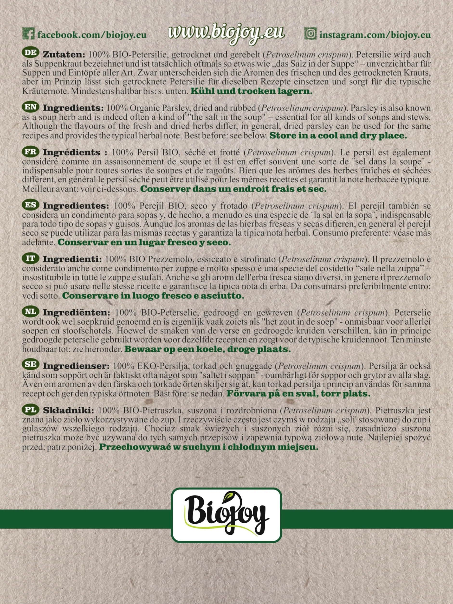 Biojoy Prezzemolo BIO (500 g), essiccato e strofinato (Petroselinum crispum)