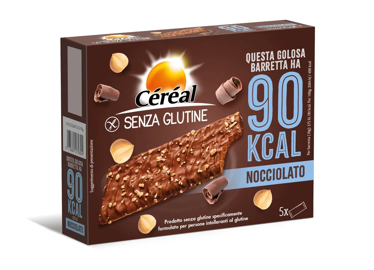 Céréal Nocciolato, Barrette senza Glutine con Cereali e Cioccolato, Snack Gustoso e Ricco di Fibre con solo 90 calorie per Biscotto, Pack di 8 confezioni da 5 barrette (8 x 5, 90 gr)