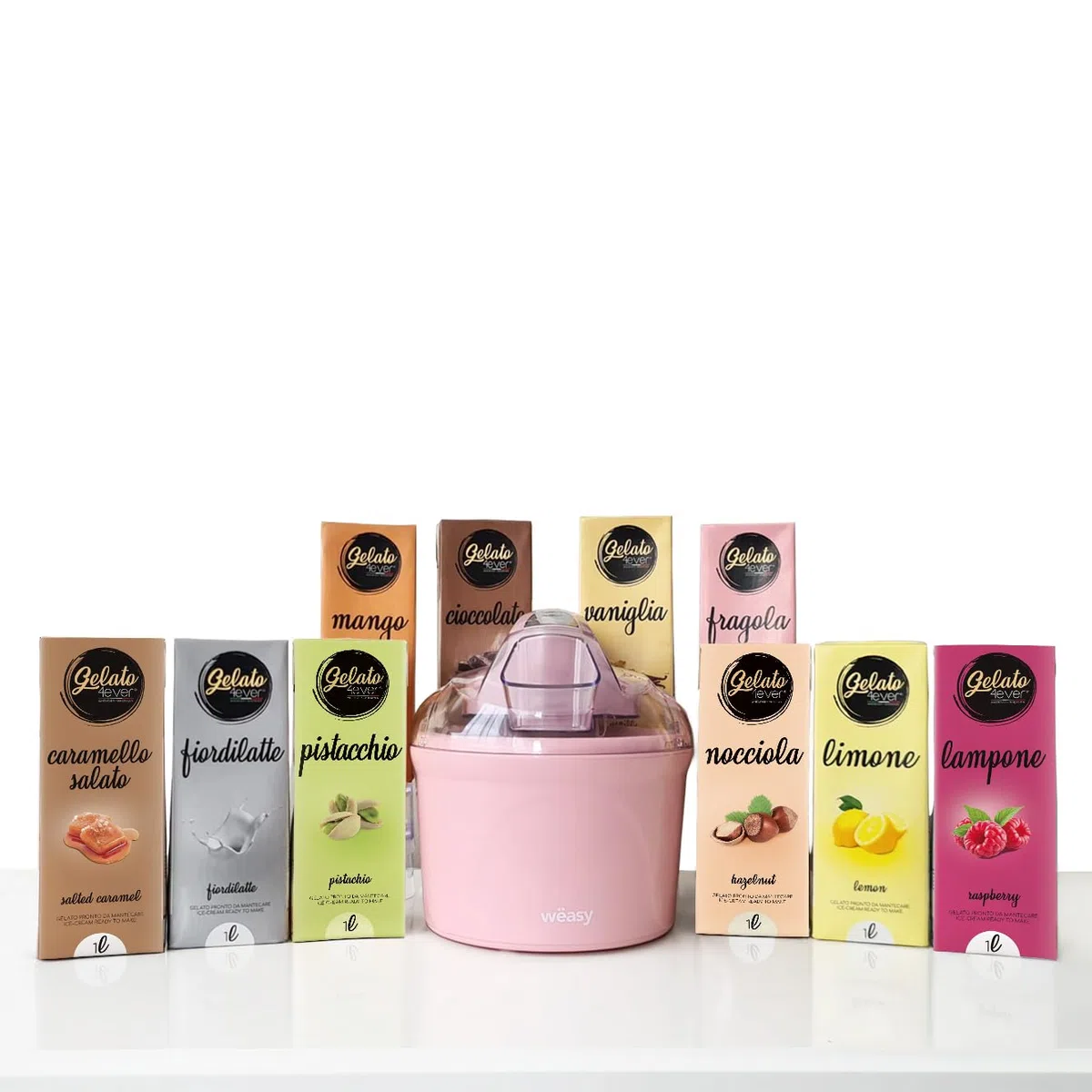 Gelato 4ever – Gelatiera MYA60 con 10 Brick Gelati Inclusi, Macchina Gelato 1 L con Schermo LCD, 10 Gusti assortiti - Pronto in 30-40 Minuti, Starter Pack per Gelati Naturali, 12 W, Made in Italy